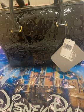 Disney Black Patent Leather Satchel with Embossed Mickey Motif